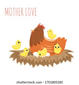 Cute Chicken bird set. Hen sitting on eggs in hen-coop illustration set of domestic birds in hen-house. Happy Easter. Elements isolated on white background. EPS10