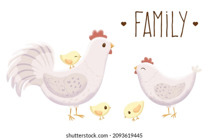Hühnervogelset. Hen sitzend auf Eiern in Hühnercoop-Illustration Set von Hausvögeln im Hühnerstall. Frohe Ostern! Elemente einzeln auf weißem Hintergrund. EPS10