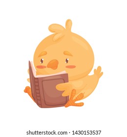 Cute chicken with a book. Vector illustration on white background.