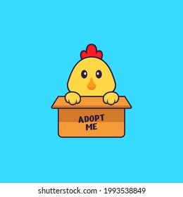 Cute chicken in box with a poster Adopt me. Animal cartoon concept isolated. Can used for t-shirt, greeting card, invitation card or mascot.