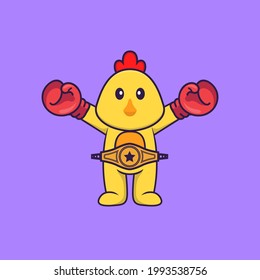 Cute chicken in boxer costume with champion belt. Animal cartoon concept isolated. Can used for t-shirt, greeting card, invitation card or mascot.