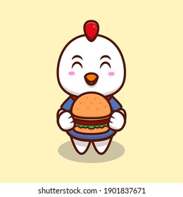 Cute Chicken Bring a Burger Cartoon Icon Illustration.