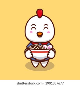 Cute Chicken Bring Ramen Noodle Cartoon Icon Illustration.