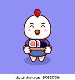 Cute Chicken Bring Sushi Roll Cartoon Icon Illustration