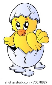 Cute chicken in broken eggshell - vector illustration.