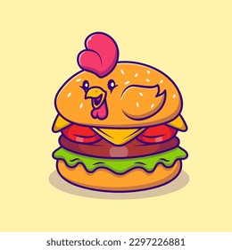 Ilustración del icono del vector de caricaturas Cute Chicken Burger. Vector Premium Aislado De Icono De Animales Alimenticios. Estilo de dibujo plano