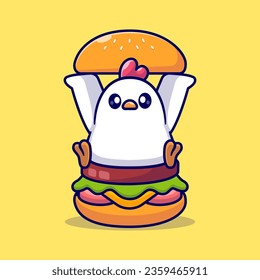 Cute Chicken Burger Cartoon Vector Icon Illustration. Animal Food Icon Concept Isolated Premium Vector. Flat Cartoon Style