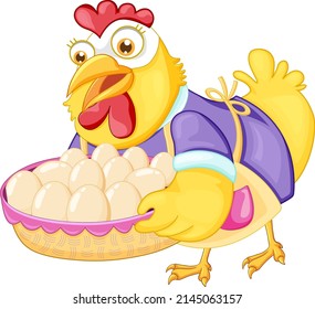 Cute chicken cartoon character holding a basket of egg illustration