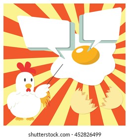Cute Chicken Cartoon Character Presenting With Fried Egg and Speech Bubble for insert Text