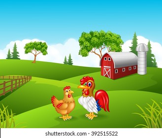 Cute chicken cartoon in the farm
