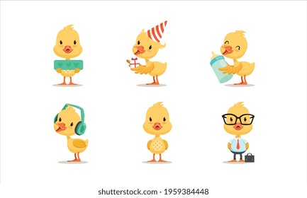 Cute Chicken Character Different Activities Set, Adorable Little Bird Celebrating Birthday, Listening Music, Working in Office Cartoon Vector Illustration