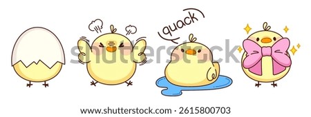 Cute chicken character in different poses - in cracked egg shell, angry crying, swimming in water puddle, with pink bow on chest as gift for holiday. Kawaii little yellow chick for Easter design.