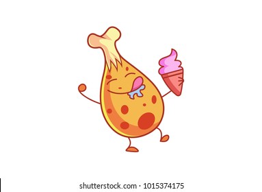 Cute Chicken Character Eating Ice Cream. Vector Illustration. Isolated on white background.