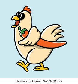 Cute Chicken Character Holding Chili Pepper and Walking