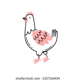 Cute chicken character in linear doodle style. Hand draw vector isolated illustration with farm animal chicken.