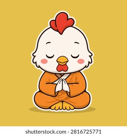 Cute Chicken Character Meditating in Monk Robe with Praying Hands, Zen Mindfulness Flat Illustration for Yoga, Wellness Sticker, Nursery Wall Art, and Kids Product Design