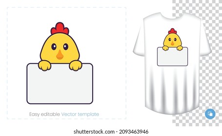 Cute chicken character. Prints on T-shirts, sweatshirts, cases for mobile phones, souvenirs. Isolated vector illustration on white background.