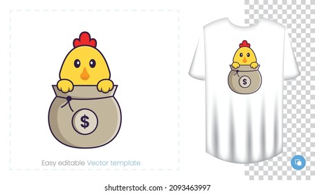 Cute chicken character. Prints on T-shirts, sweatshirts, cases for mobile phones, souvenirs. Isolated vector illustration on white background.