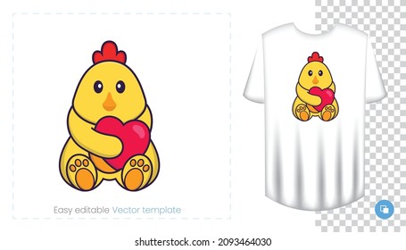 Cute chicken character. Prints on T-shirts, sweatshirts, cases for mobile phones, souvenirs. Isolated vector illustration on white background.
