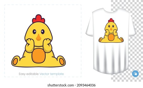 Cute chicken character. Prints on T-shirts, sweatshirts, cases for mobile phones, souvenirs. Isolated vector illustration on white background.