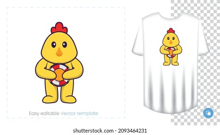 Cute chicken character. Prints on T-shirts, sweatshirts, cases for mobile phones, souvenirs. Isolated vector illustration on white background.