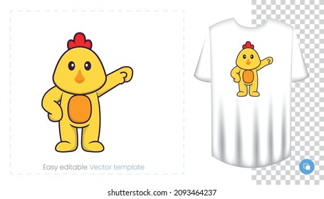 Cute chicken character. Prints on T-shirts, sweatshirts, cases for mobile phones, souvenirs. Isolated vector illustration on white background.