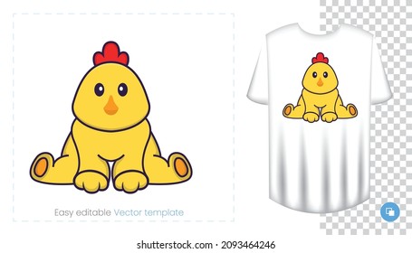 Cute chicken character. Prints on T-shirts, sweatshirts, cases for mobile phones, souvenirs. Isolated vector illustration on white background.
