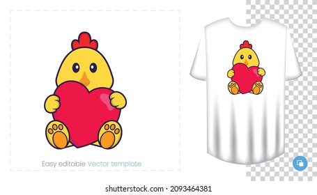 Cute chicken character. Prints on T-shirts, sweatshirts, cases for mobile phones, souvenirs. Isolated vector illustration on white background.