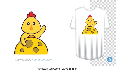 Carácter de pollo lindo. Impresiones en camisetas, sudaderas, estuches para teléfonos móviles, recuerdos. Ilustración vectorial aislada sobre fondo blanco.