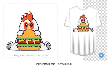 Cute chicken character. Prints on T-shirts, sweatshirts, cases for mobile phones, souvenirs. Isolated vector illustration on white background.