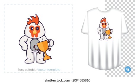 Cute chicken character. Prints on T-shirts, sweatshirts, cases for mobile phones, souvenirs. Isolated vector illustration on white background.