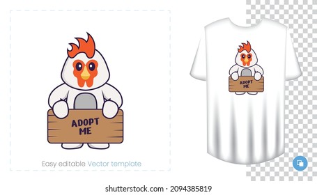 Cute chicken character. Prints on T-shirts, sweatshirts, cases for mobile phones, souvenirs. Isolated vector illustration on white background.