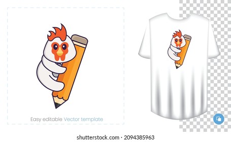 Cute chicken character. Prints on T-shirts, sweatshirts, cases for mobile phones, souvenirs. Isolated vector illustration on white background.