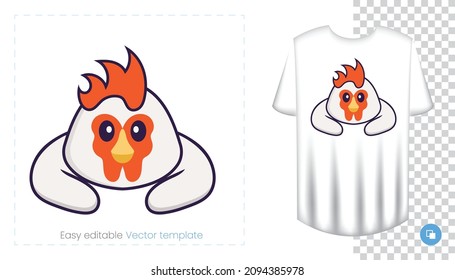 Cute chicken character. Prints on T-shirts, sweatshirts, cases for mobile phones, souvenirs. Isolated vector illustration on white background.