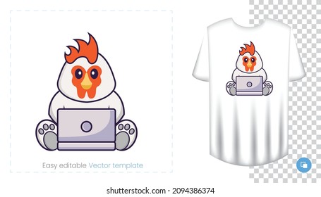 Cute chicken character. Prints on T-shirts, sweatshirts, cases for mobile phones, souvenirs. Isolated vector illustration on white background.