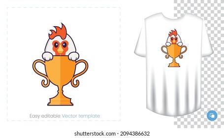 Cute chicken character. Prints on T-shirts, sweatshirts, cases for mobile phones, souvenirs. Isolated vector illustration on white background.