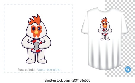 Cute chicken character. Prints on T-shirts, sweatshirts, cases for mobile phones, souvenirs. Isolated vector illustration on white background.