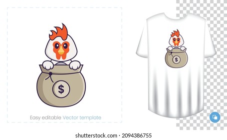 Cute chicken character. Prints on T-shirts, sweatshirts, cases for mobile phones, souvenirs. Isolated vector illustration on white background.