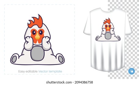 Cute chicken character. Prints on T-shirts, sweatshirts, cases for mobile phones, souvenirs. Isolated vector illustration on white background.