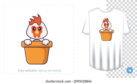 Cute chicken character. Prints on T-shirts, sweatshirts, cases for mobile phones, souvenirs. Isolated vector illustration on white background.