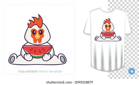 Cute chicken character. Prints on T-shirts, sweatshirts, cases for mobile phones, souvenirs. Isolated vector illustration on white background.