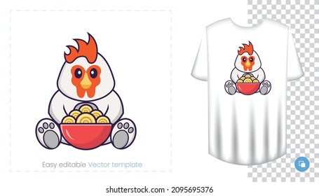 Cute chicken character. Prints on T-shirts, sweatshirts, cases for mobile phones, souvenirs. Isolated vector illustration on white background.