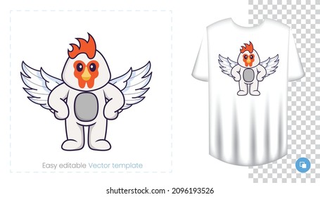 Cute chicken character. Prints on T-shirts, sweatshirts, cases for mobile phones, souvenirs. Isolated vector illustration on white background.