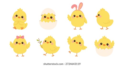 Conjunto de personajes de pollo lindo para Pascua y diseño de primavera. Adorables pollitos amarillos en diferentes poses, naciendo de huevo, agitando alas y sentándose. Ilustración vectorial plana aislada sobre fondo blanco.