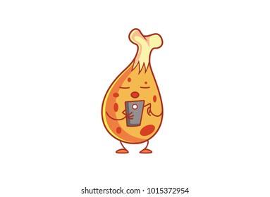 Cute Chicken Character Using the Mobile Phone. Vector Illustration. Isolated on white background.
