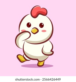 cute chicken character who blushes with his wings in front. animal cartoon logo for elements, sticker