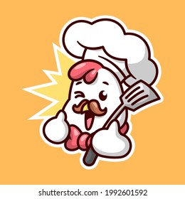 CUTE CHICKEN CHEF WITH BROWN MUSTACHE IS SMILING AND BRINGING A SPATULA. HIGH QUALITY CARTOON MASCOT DESIGN.