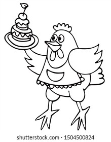 Cute chicken chef is holding a delicious cake. Black and white vector for coloring, for card or gift.