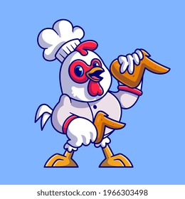 Cute Chicken Chef Holding Fried Chicken Cartoon Vector Icon Illustration. Animal Food Icon Concept Isolated Premium Vector. Flat Cartoon Style
