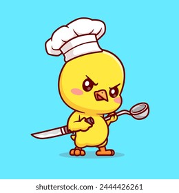 Cute Chicken Chef Holding Knife And Ladle Cartoon Vector Icon Illustration. Animal Food Icon Concept Isolated Premium Vector. Flat Cartoon Style